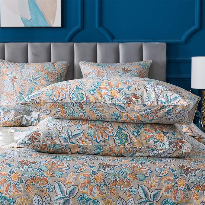 FADFAY Sheets Set Twin Shabby Gold Floral Bedding Classic Vintage Farmhouse Bedding Set Elegent Royal Print Bed Sheet Set 100% Cotton Ultra Soft Deep Pocket Fitted Sheet 4-Pieces Twin Size