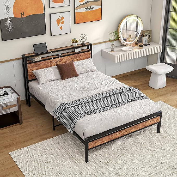 HOJINLINERO Full Size Bed Frame with Storage Headboard/USB Charging Station,Metal Platform Bed Frame Full Size No Box Spring Needed,Noise-Free,Strong Steel Slats Support,Rustic Brown