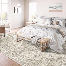 8x10 Washable Neutral Area Rug Taupe Vintage Living Room Bedroom Carpet Non-Slip Soft Low Pile Floral Large Throw Rug for Dining Room Entryway Office