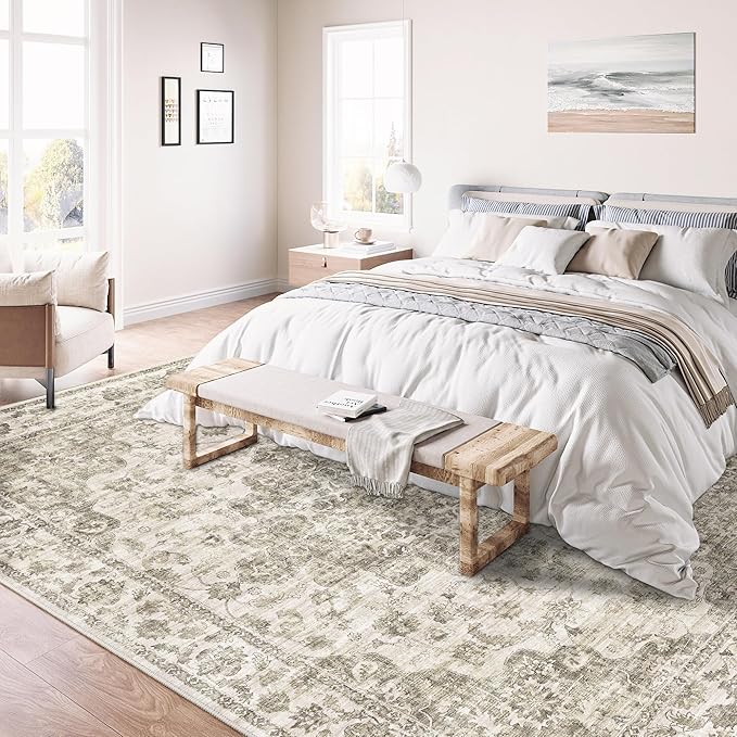 8x10 Washable Neutral Area Rug Taupe Vintage Living Room Bedroom Carpet Non-Slip Soft Low Pile Floral Large Throw Rug for Dining Room Entryway Office