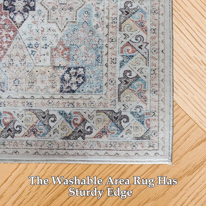 RCTJHOME 2'x6' Runner Rug for Hallway with 4 Non-Slip Tapes, Machine Washable Kitchen Boho Runner Rug, Distressed Bedroom Beside Rug, Laundry Room, Farmhouse Entryway Mat, Cream Beige Blue Colorful