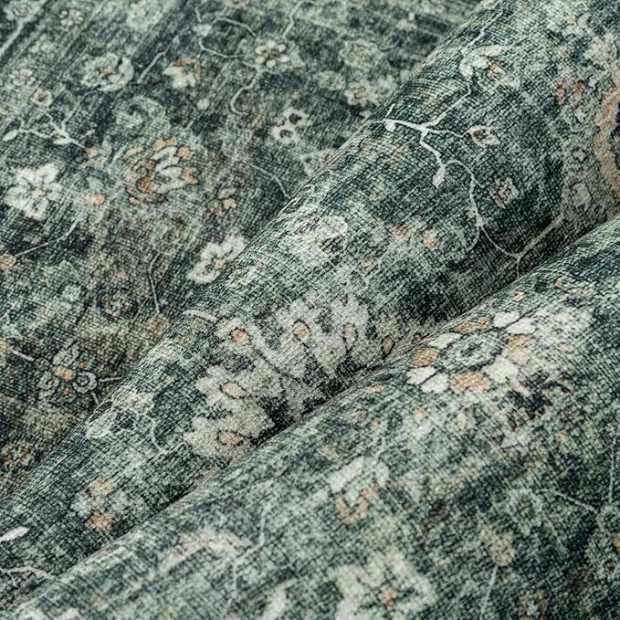 2x8 Washable Runner Rug for Kitchen Hallway Green Vintage Non-Slip Low Pile Distressed Rustic Carpet Lightweight Vacuumable Soft Long Throw Rug for Entryway Bedroom