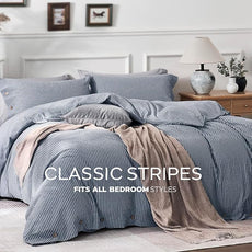 JELLYMONI Cotton Duvet Cover Full Size - Blue Vertical Pinstriped Comforter Cover with Button 100% Washed Cotton 3PCS Breathable Soft Solid Bedding Set Duvet Cover 80×90in & 2 Pillowcases