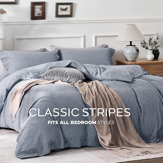 JELLYMONI Cotton Duvet Cover Queen Size - Blue Vertical Pinstriped Comforter Cover with Button 100% Washed Cotton 3PCS Breathable Soft Solid Bedding Set Duvet Cover 90×90in & 2 Pillowcases