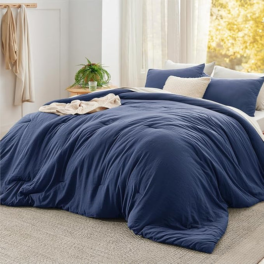 Bedsure Super King Size Comforter Set, Navy Soft Prewashed Bedding for All Seasons, 3 Pieces GentleSoft™ Bed Set, 1 Lightweight Comforter (120"x120") and 2 Pillowcases (20"x36")