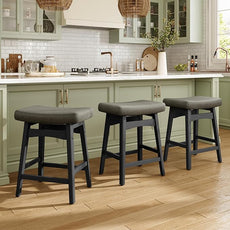 MAISON ARTS Grey Counter Height Bar Stools Set of 2 for Kitchen Counter Solid Wood Legs with Faux Leather Saddle Seat Farmhouse Barstools for 34