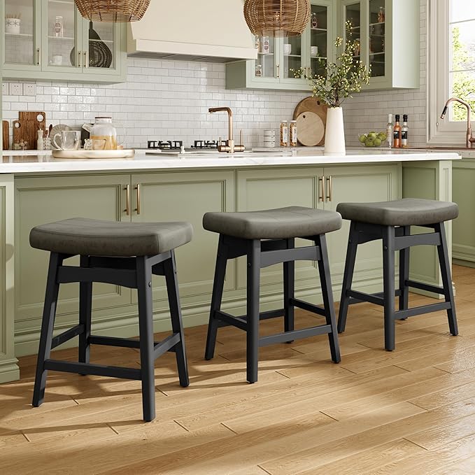 MAISON ARTS Grey Counter Height Bar Stools Set of 2 for Kitchen Counter Solid Wood Legs with Faux Leather Saddle Seat Farmhouse Barstools for 34"-38" Counter Island Upholstered Stools, 24in Height