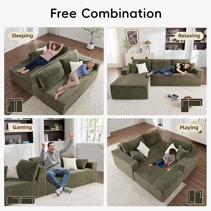 108" Boneless Couches for Living Room, Modular Sectional Sofa with Oversized Chaise, L-Shape Cloud Couch with Deep Seat, High-Density Memory Foam, No Assembly Required, Plush Corduroy Green