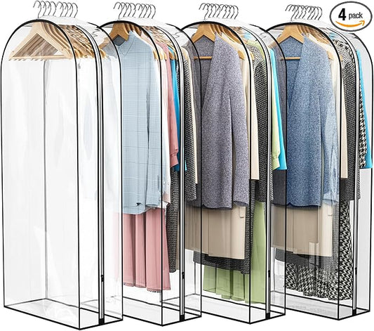 Clear Garment Bag for Hanging Clothes 10” Gusseted, 50” Suit Bags for Open Closet Storage Plastic Clothes Cover for Coat, Dress, Shirts, Fur, Jacket, Wardrobe Protectors, 4 Pack