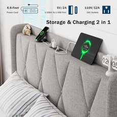 Queen Bed Frame with 4 Storage Drawers, Upholstered Platform Bed with Charging Station, Modern Wingback Storage Headboard, Easy Assembly,Noise-Free, Light Gray