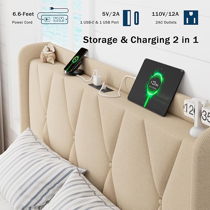 Full Size Bed Frame with 4 Storage Drawers, Upholstered Platform Bed with Charging Station, Modern Wingback Storage Headboard, Easy Assembly,Noise-Free, Beige