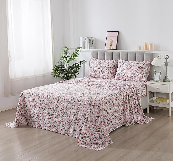 FADFAY Sheets Set Twin XL Pink Rose Floral College Bedding Rustic Peony Dorm Sheets Vintage Farmhouse Bedding 100% Percale Cotton Breathable Collection with Deep Pocket Fitted Sheet 4Pc, Twin XL Size