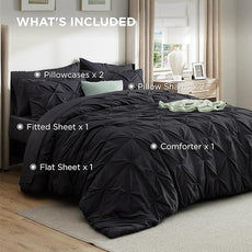 Bedsure Full Comforter Set Black - Bed in a Bag Full Size Bedding Set 7 Pieces, GentleSoft™ Pintuck Bed Set Gift for Family, Pinch Pleat All Season Comforter with Sheets, Pillowcases & Shams