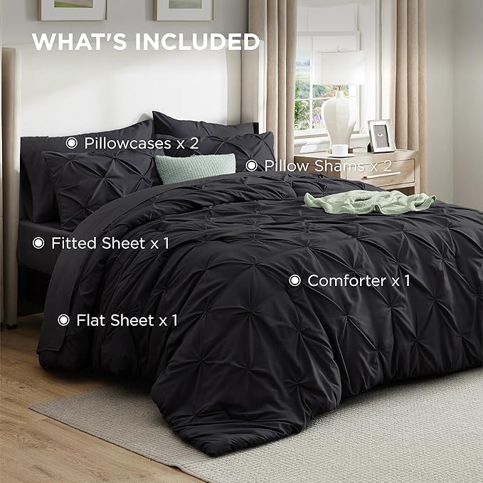 Bedsure California King Comforter Set Black - Bed in a Bag Cal King Bedding Set 7 Pieces, GentleSoft™ Pintuck Bed Set Gift for Family, Pinch Pleat Black Comforter with Sheets, Pillowcases & Shams