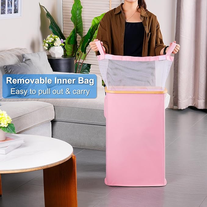 efluky Slim Laundry Basket with Lid, Narrow Laundry Hamper with Removable Bag, Skinny Dirty Clothes Basket with Bamboo Handles for Bathroom, Bedroom & Laundry Room, 63L Pink