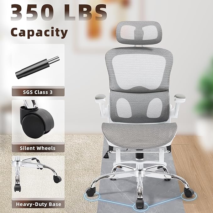 Ergonomic Office Chair, Adjustable High Back Desk Chair with Headrest Footrest 2D Lumbar Support - Executive Breathable Mesh Comfy Swivel Rolling Reclining Computer Task Chairs for Home Office Gaming