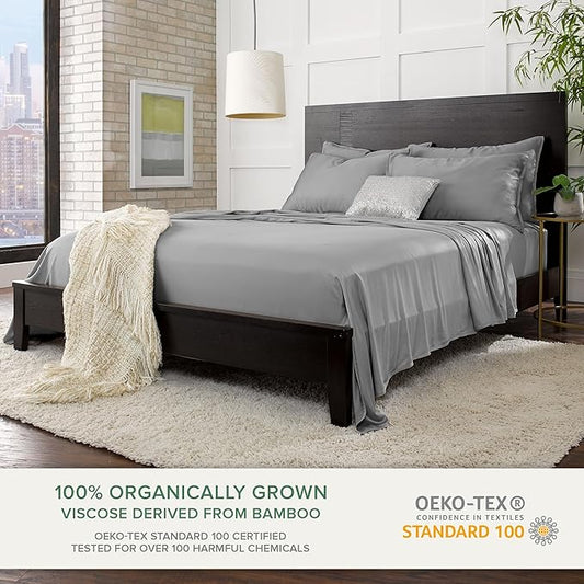 Pure Bamboo Full Sheets, Genuine 100% Organic Viscose Derived from Bamboo Bed Sheet Set, Luxuriously Soft & Cooling, Double Stitching, 2 Year Quality Promise (Full, Stone Grey)