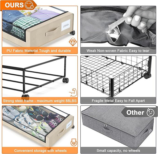 Under Bed Storage with Wheels, 2-Pack Under Bed Storage Containers with Clear Lids, XXL 60L Under the bed storage Organizer Bins, Rolling Under Bed Metal Drawer for Clothes,Shoes,Toys (White, 2 Pack)