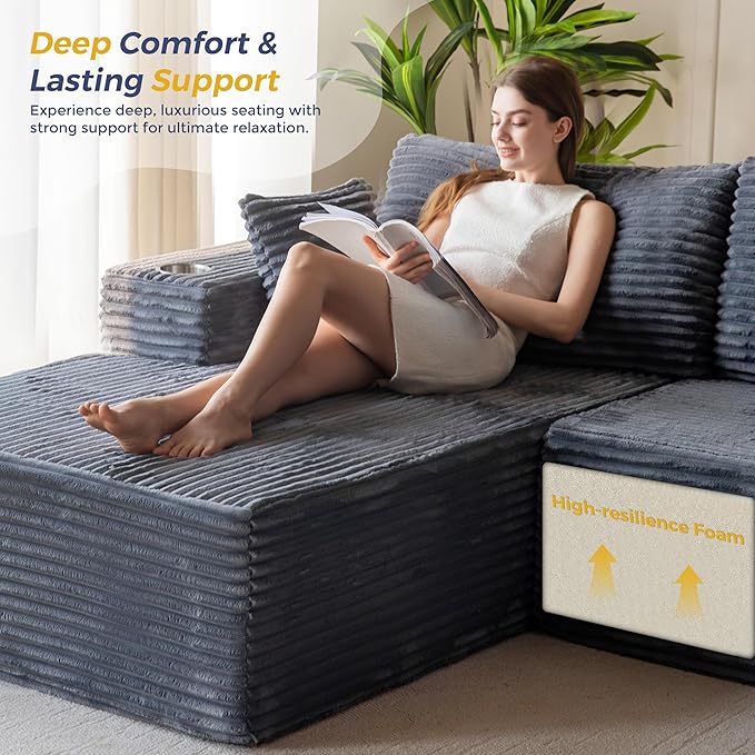 MAXYOYO 104" Modular Sectional Couch with L-Shape Chaise, Modern Boneless Couch for Living Room, Sofa in A Box, Oversized Sofa Sleeper with Deep Seat, No Assembly Required, Dark Grey