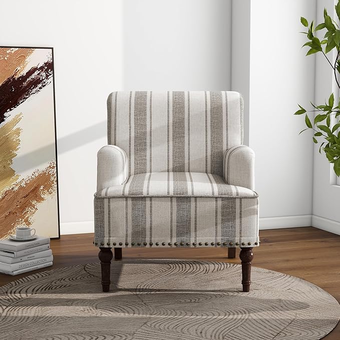 Accent Chair, Mid Century Modern Comfy Armchair for Living Room, Linen Fabric Single Sofa Lounge for Reading Bedroom Apartment Waiting Room with Wood Legs (Grey Stripe, Set of 2)