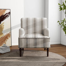 Accent Chair, Mid Century Modern Comfy Armchair for Living Room, Linen Fabric Single Sofa Lounge for Reading Bedroom Apartment Waiting Room with Wood Legs (Grey Stripe, Set of 1)
