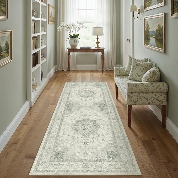 Green Runner Rug 2x6 Washable Vintage Carpet Hallway Kitchen Soft Retro Low Pile Thin Indoor Bedroom Non Slip Oriental Medallion Long Throw Rug for Bathroom Laundry Dining Room