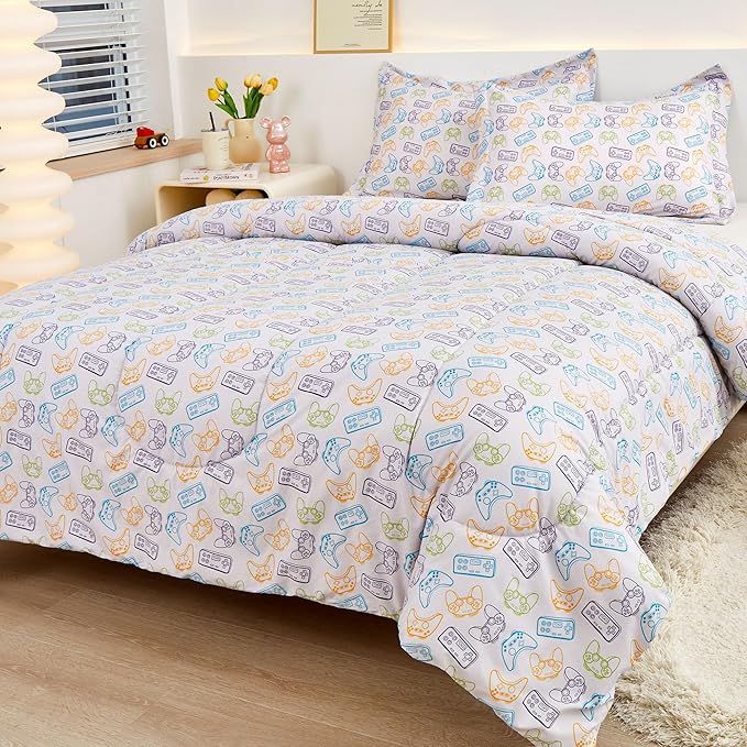 Viviland Kids Twin Bedding Sets for Boys, Soft Microfiber Twin Comforter Set, Grey Game