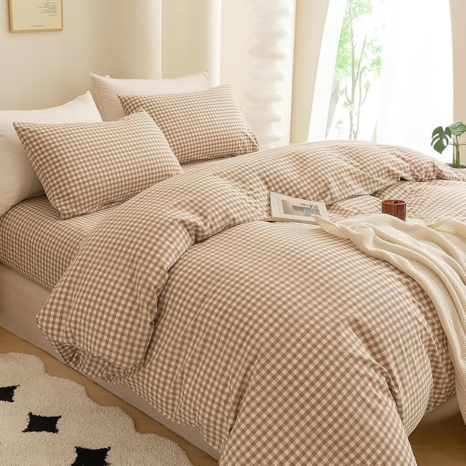 ECOCOTT Gingham Duvet Cover Queen Size 100% Washed Cotton Like Linen Feel Super Soft & Comfy Bedding Set Modern Checkered Design for All Seasons