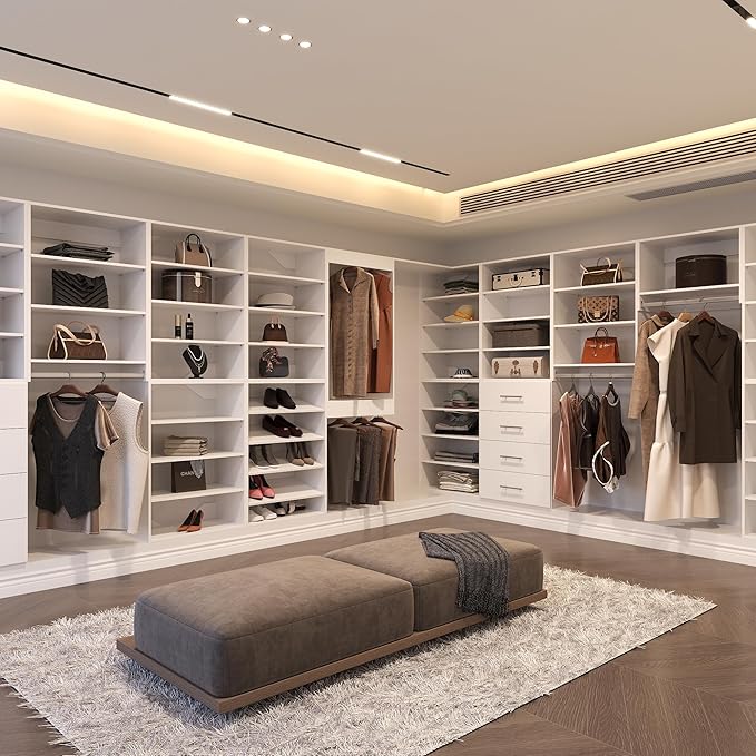 64" Wide Modular Closet Organizer With Tower and Drawers, Wood Storage for Walk In Closets, Wall Mounted Wardrobe Kit, Bedroom, White