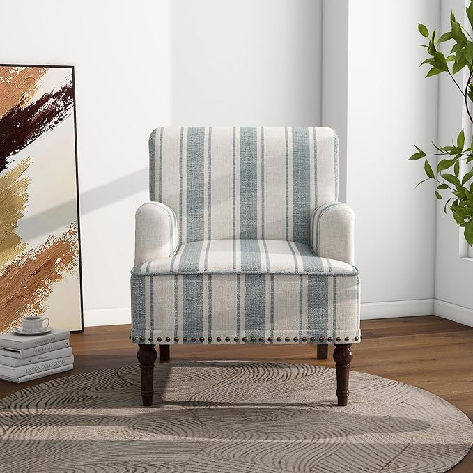 Accent Chair Set of 2, Mid Century Modern Comfy Armchair for Living Room, Linen Fabric Single Sofa Lounge for Reading Bedroom Apartment Waiting Room with Wood Legs-Blue Stripe