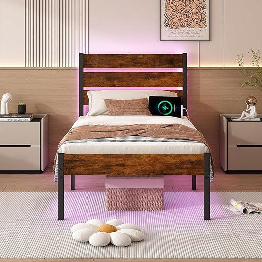 Twin Bed Frame with Headboard,Heavy Duty LED Bed Frame with USB Charging Station,Mattress Foundation-Under Bed Storage, No Box Spring Needed, Noise Free,Brown