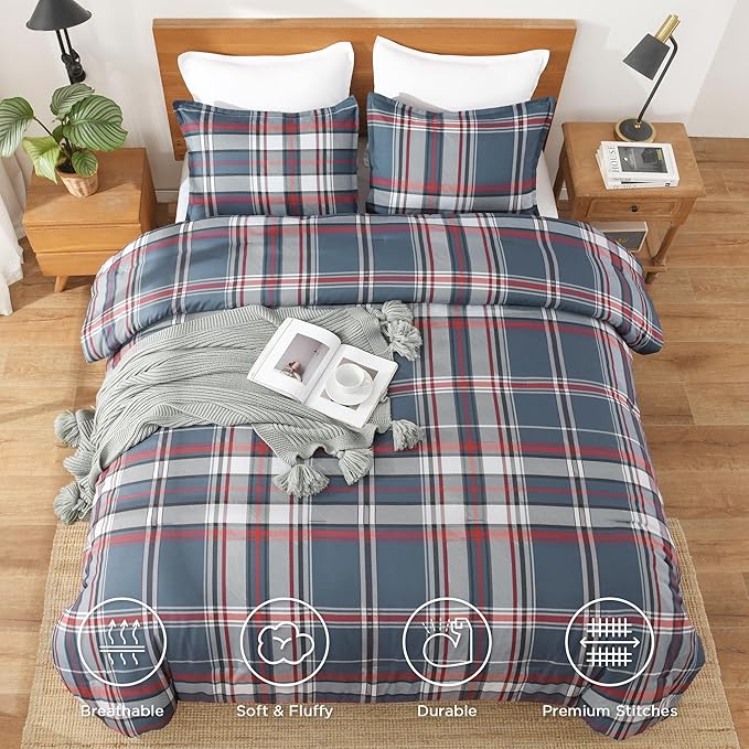 Andency Navy Red Plaid Comforter Set Full(79x90Inch), 3 Pieces Grid Gingham Stripes Bedding Comforter Sets for Boys Girls Kids Teens, Preppy Geometric Line Soft Lightweight Reversible Bed Set as Gift