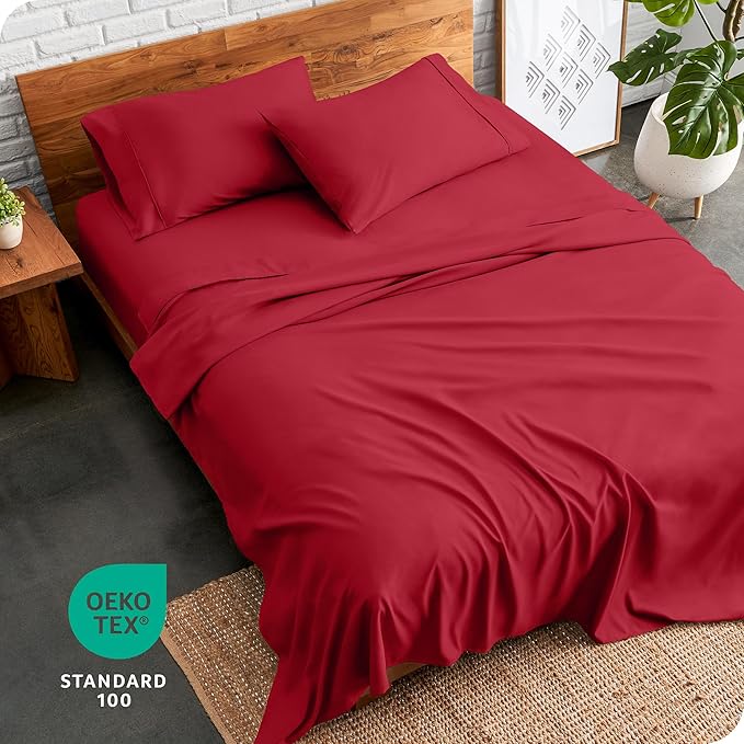 Bare Home Split King Sheet Set - 1800 Ultra-Soft Microfiber Bed Sheets - Double Brushed - Deep Pockets - Easy Fit - 5 Piece Set - Bed Sheets & Pillowcases (Split King, Red) BareHome
