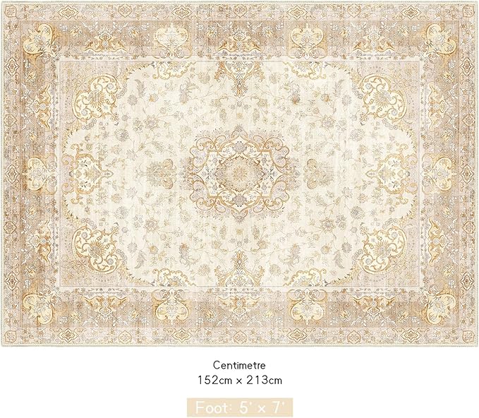 5'x7' Area Rugs Washable,Boho Rug for Living Room Bedroom,Large Vintage Bohemian Distressed Oriental Carpet Non Slip,Beige Gold Floral