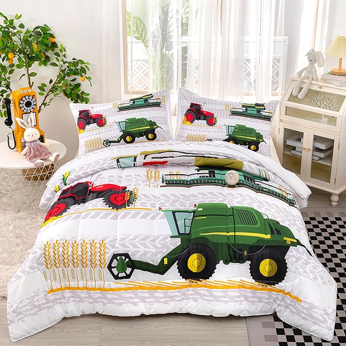 CVHOUSE Bedding Set for Boys, Tractor Comforter Twin, Cartoon Truck Quilt Set with 1 Comforter and 2 Pillow Cases- 3 Piece