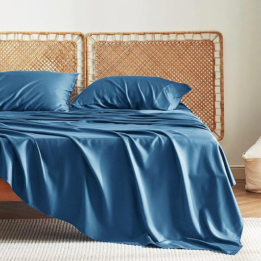 Bedsure Queen Sheet Set, Rayon Derived from Bamboo, Cooling Sheets, Deep Pocket Up to 16", Breathable & Soft, Hotel Luxury Silky Bedding for Hot Sleepers, Teal