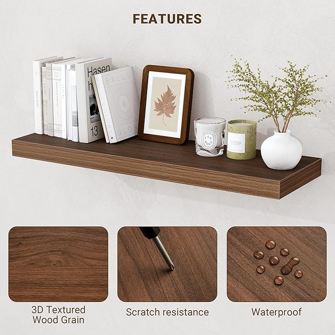 32 Inch Floating Shelves, 3D Textured Wood Grain, 32"x9.25"x1.5" Inch Deep Floating Shelves for Wall, Wooden Shelves for Bathroom, Bedroom, Living Room, Walnut, 2 Pieces