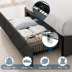 Twin Bed Frame with 4 Storage Drawers, Upholstered Platform Bed with Charging Station, Modern Wingback Storage Headboard, Easy Assembly,Noise-Free, Dark Gray