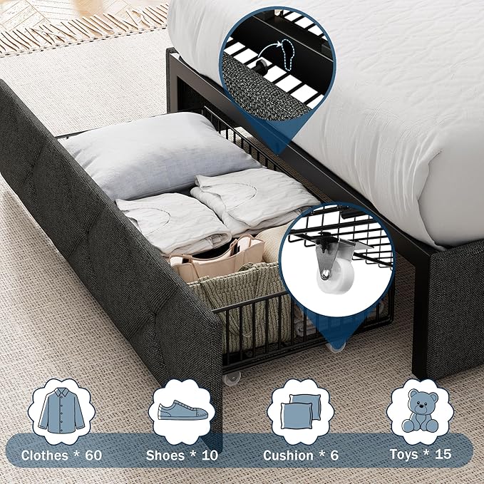 Twin Bed Frame with 4 Storage Drawers, Upholstered Platform Bed with Charging Station, Modern Wingback Storage Headboard, Easy Assembly,Noise-Free, Dark Gray