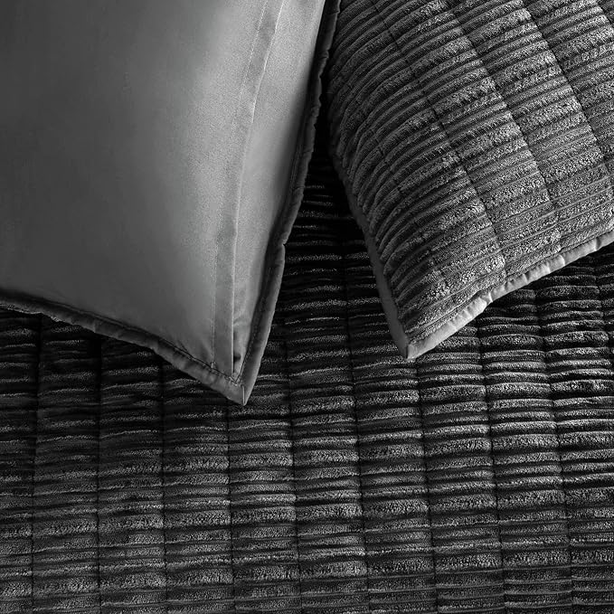 Wonderful Luxury Velvet Quilt - Striped Channel Stitch Black Grey Quilt Queen, Soft Corduroy Lightweight Comforter, Pet-Friendly, Tear-Resistant, Bedspread Coverlet Bedding Set for All Season,94"x94"
