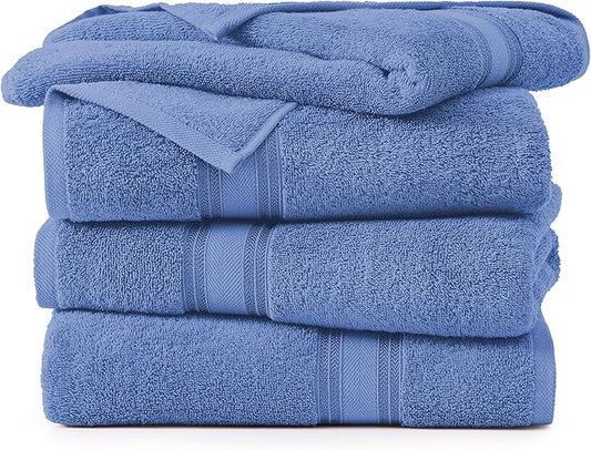 LANE LINEN 100% Cotton 4 Pack Bath Towels (28"x54") - Zero Twist, Mercerized Cotton Bathroom Towels Set - Quick Dry, Soft & Absorbent Large Bath Towels - Machine Wash in Cold Water - Cerulean Blue