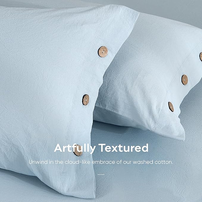 JELLYMONI 100% Washed Cotton King Pillowcases Set, 2 Pack Linen-Like Texture Breathable Pillow Covers with Button Closure,Mist Blue King 20"×36"(Pillows are not Included)