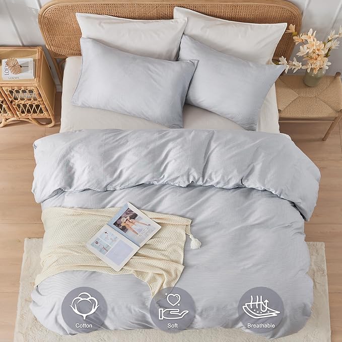JELLYMONI 100% Natural Cotton 3pcs Striped Duvet Cover Sets,Blue Duvet Cover with Thin White Stripes Pattern Printed Comforter Cover,with Zipper Closure & Corner Ties(Twin Size)