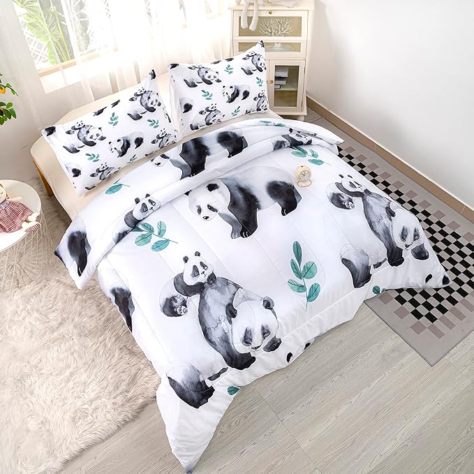CVHOUSE Panda Bedding - Queen Size, Cute Panda Comforter & 2 Pillow Cases - 3 Piece Set