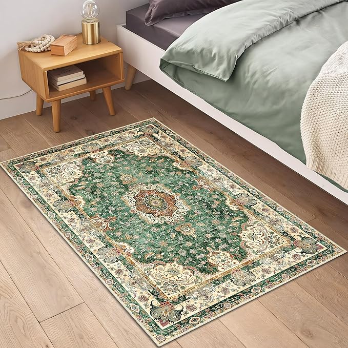 Small Rugs 2'x3',Green Rug for Entryway Bathroom Kitchen Entrance Doormat,Boho Vintage Bohemian Distressed Washable Accent Indoor Mat Floor Throw Carpet Non Slip,Retro Sage Floral