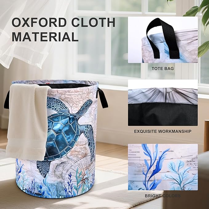 Sea Turtle Laundry Basket Foldable Oxford Cloth Tote Bag Laundry Hamper Clothes Storage Bucket Organizer For Bathroom/Laundry Storage/Bedroom 19.6x15.7 Inch