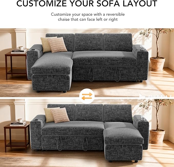 Sunny Heart L-Shaped Sleeper Sofa with Pull Out Bed, 82" Sectional Couch with Reclining Backrest, Reversible Storage Chaise, Armrest Storage, Cup Holders, Side Pockets, Tool-Free Assembly, Grey