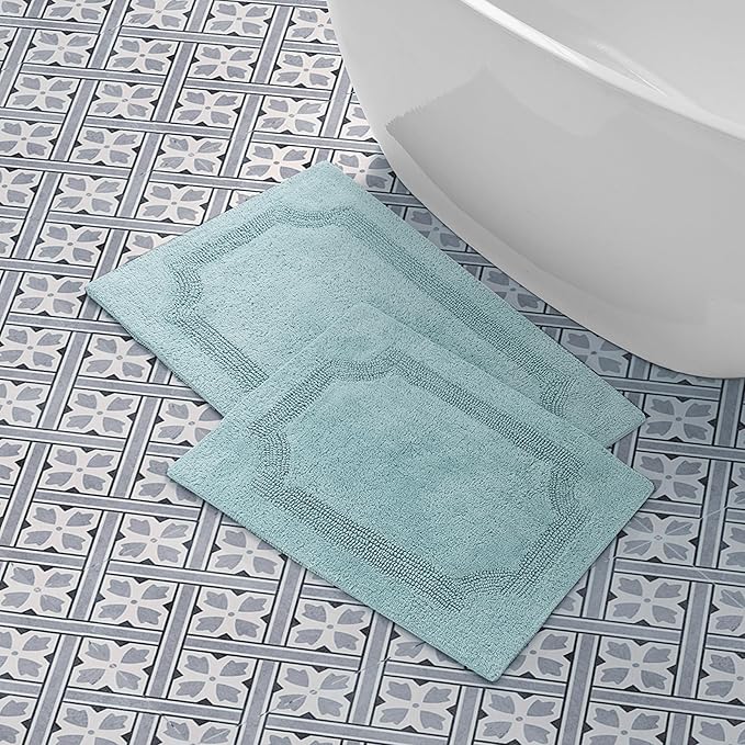 Laura Ashley - Reversible Cotton Bath Mat, Premium Bathroom Décor, Machine Washable Bathroom Rug, Highly Absorbent, 17"x24"/20"x32" 2-Piece Set, Aqua