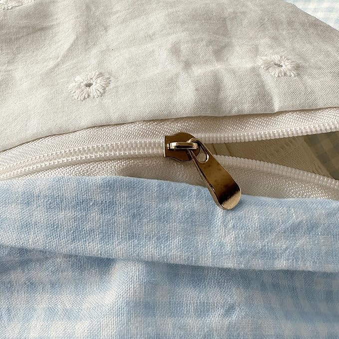 mixinni Blue Gingham Duvet Cover King Size - 3 Piece Cottagecore Plaid Bedding Set with Lace Trim, Soft Washed Microfiber Vintage Aesthetic Grid Comforter Cover & Pillow Shams, (Blue White Gingham)