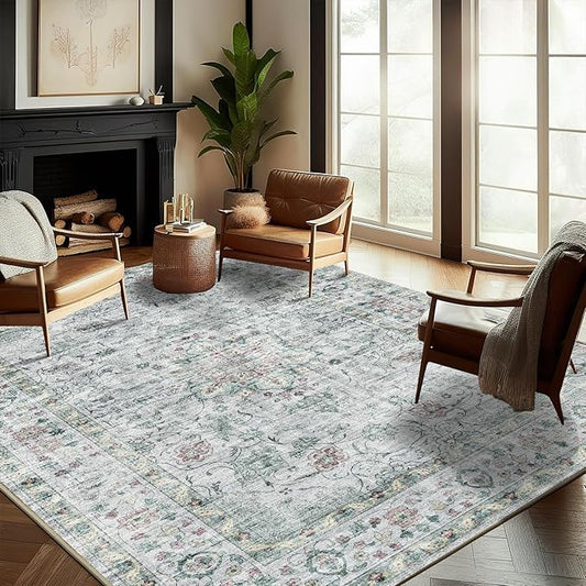 Washable Area Rug 10'x14' Boho Design Non-Shedding Easy Care Ideal for High Traffic Areas in Living Room Bedroom Office Coffee Table Kitchen Large Carpet